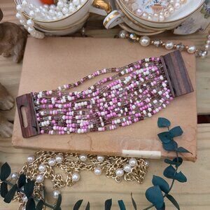 Vintage Shades of Pink & White Multi-Strand Beaded Bracelet with Wood Clasp